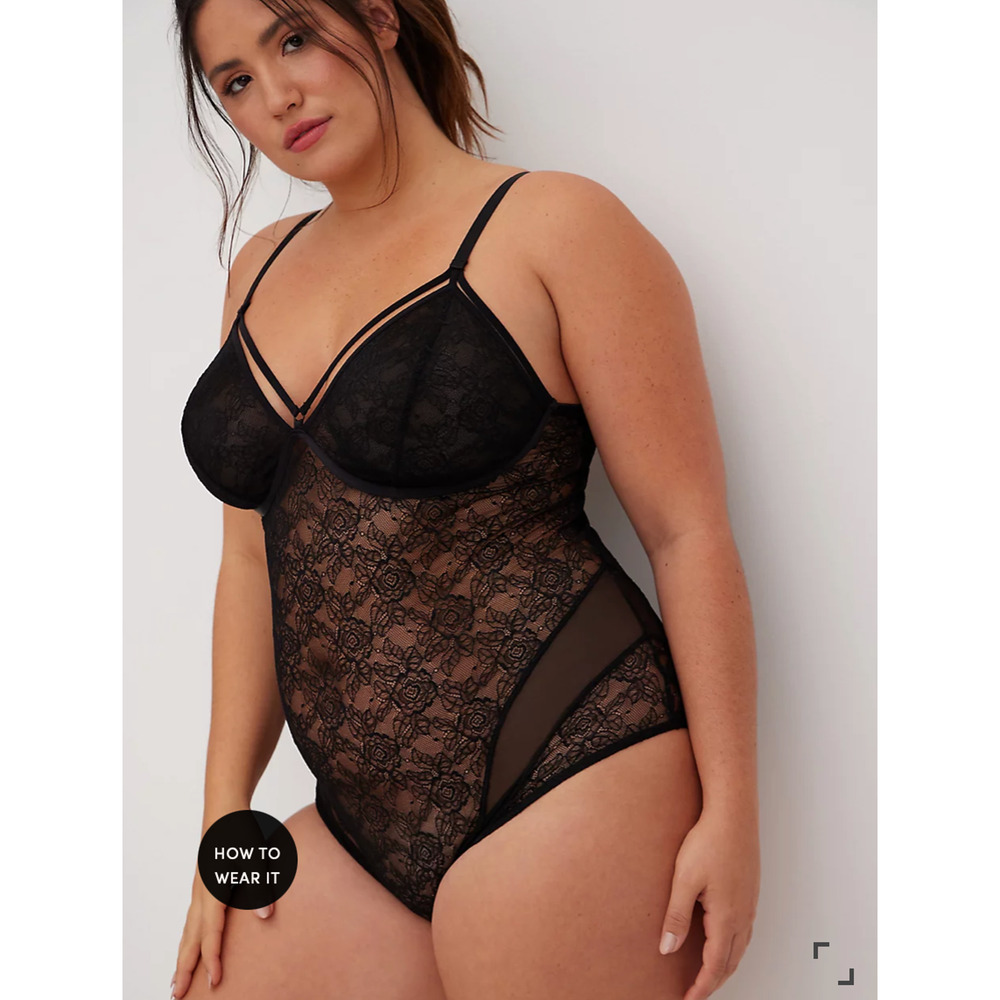 Torrid Curve Black Lace Mesh Strappy Bodysuit Womens Plus 1 Black Semi Sheer